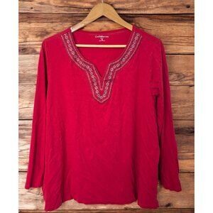 Croft & Barrow Red Shirt Womens Size 3X Embroidered Neckline Long Sleeve Top